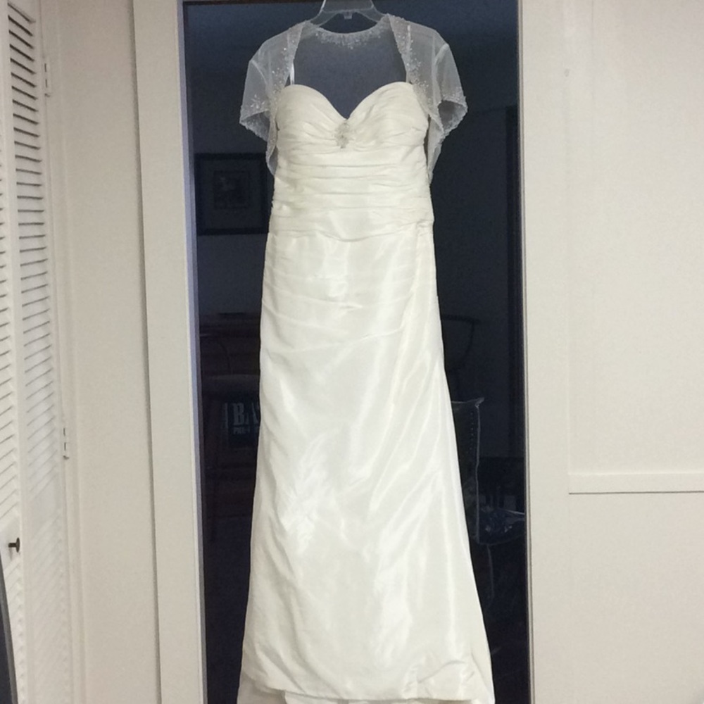 Mon Cheri strapless wedding gown w/beaded shrug